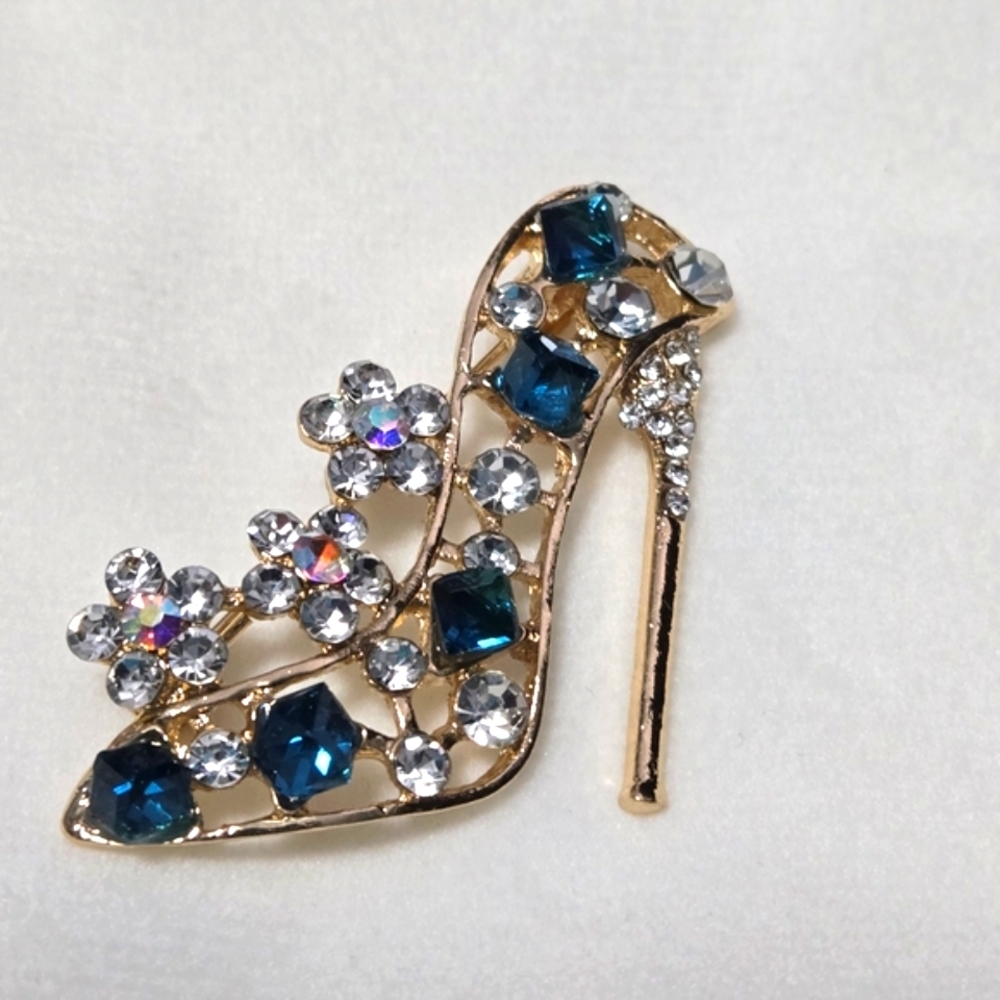 High Heel Brooch with Teal and Clear Crystals